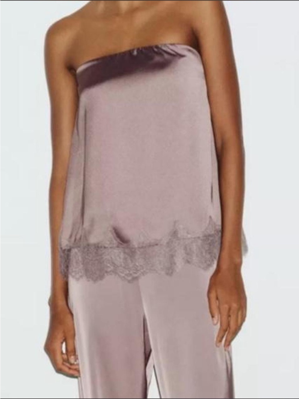 Zara Mauve Satin Strapless Lace-Trim Cami